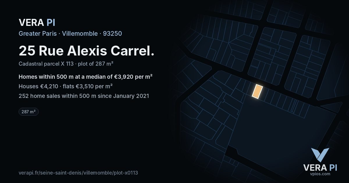 25 Rue Alexis Carrel, Villemomble at night – the plot lit, the parcels around coloured by the prices near them