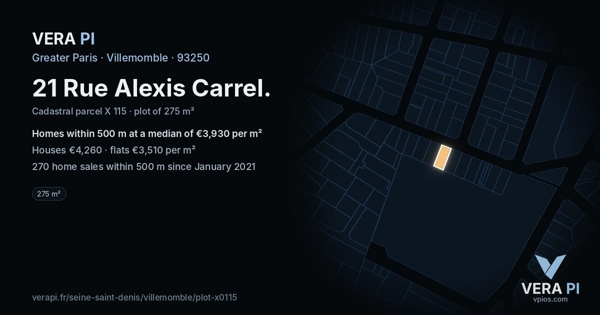21 Rue Alexis Carrel, Villemomble at night – the plot lit, the parcels around coloured by the prices near them