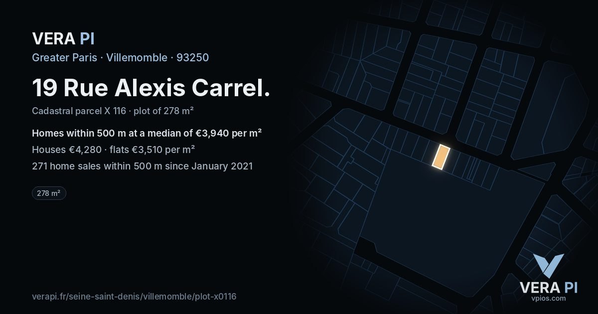 19 Rue Alexis Carrel, Villemomble at night – the plot lit, the parcels around coloured by the prices near them