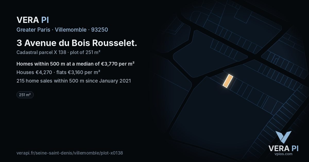 3 Avenue du Bois Rousselet, Villemomble at night – the plot lit, the parcels around coloured by the prices near them
