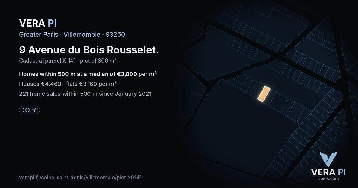 9 Avenue du Bois Rousselet, Villemomble at night – the plot lit, the parcels around coloured by the prices near them