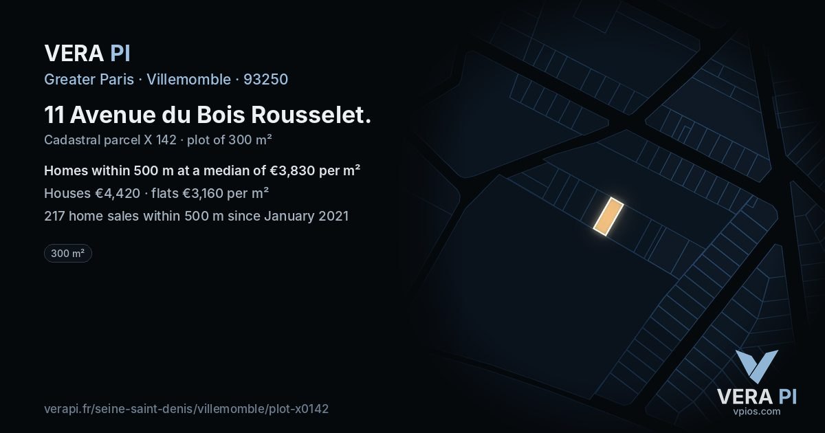 11 Avenue du Bois Rousselet, Villemomble at night – the plot lit, the parcels around coloured by the prices near them