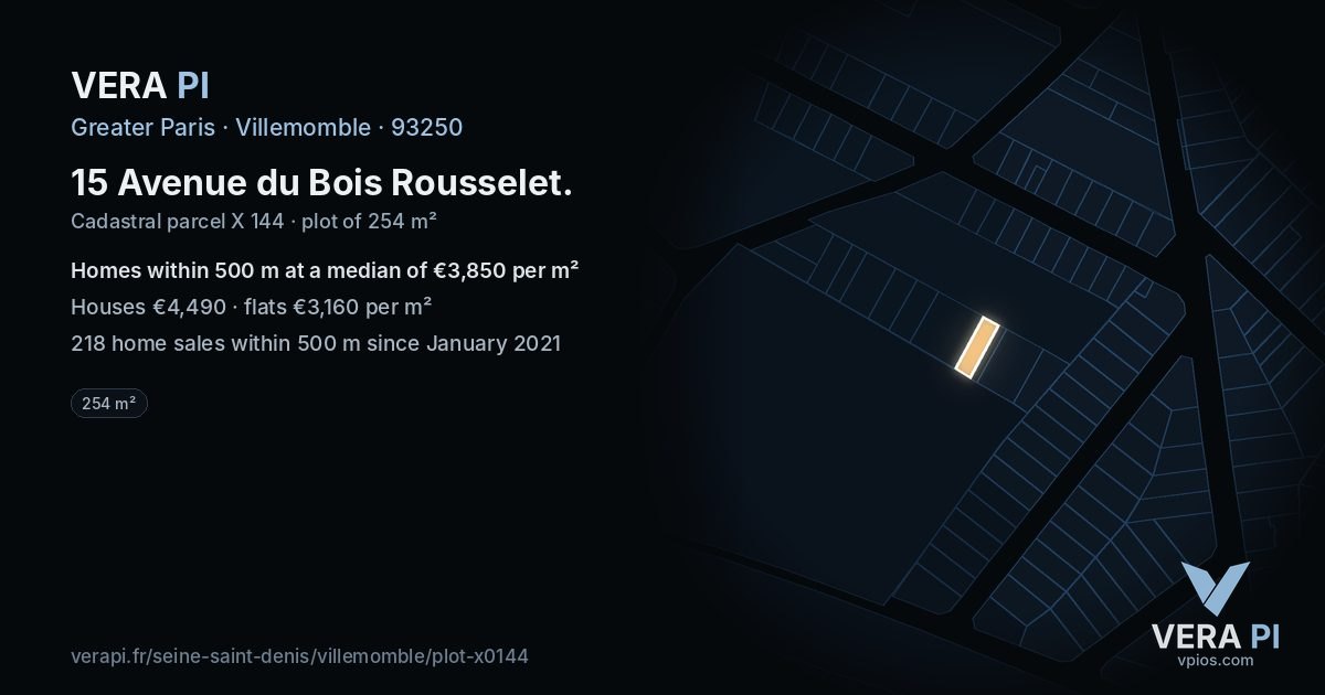 15 Avenue du Bois Rousselet, Villemomble at night – the plot lit, the parcels around coloured by the prices near them