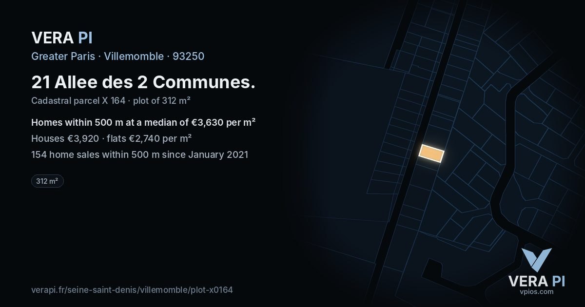 21 Allee des 2 Communes, Villemomble at night – the plot lit, the parcels around coloured by the prices near them