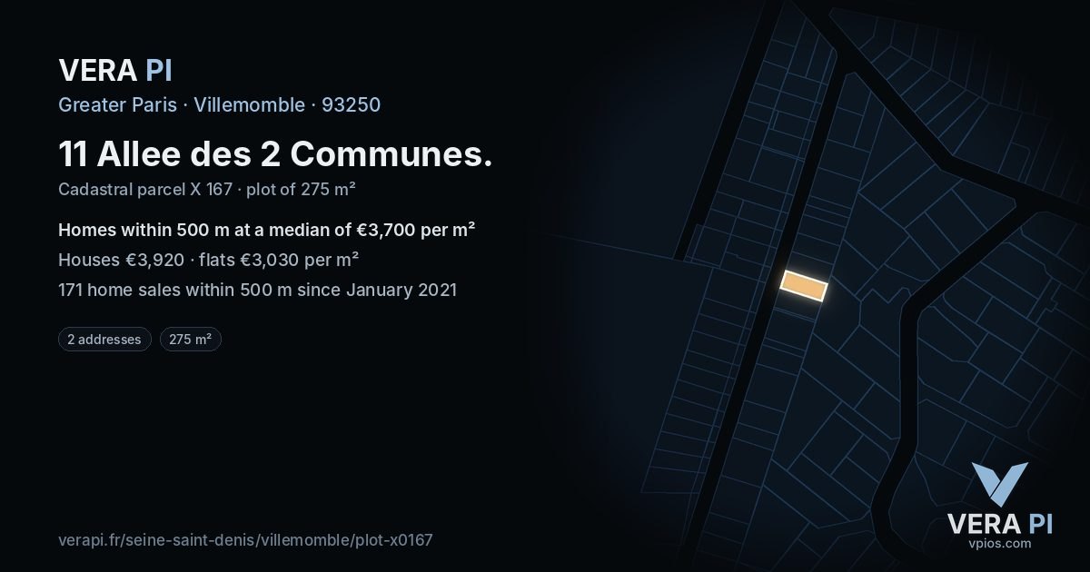 11 Allee des 2 Communes, Villemomble at night – the plot lit, the parcels around coloured by the prices near them