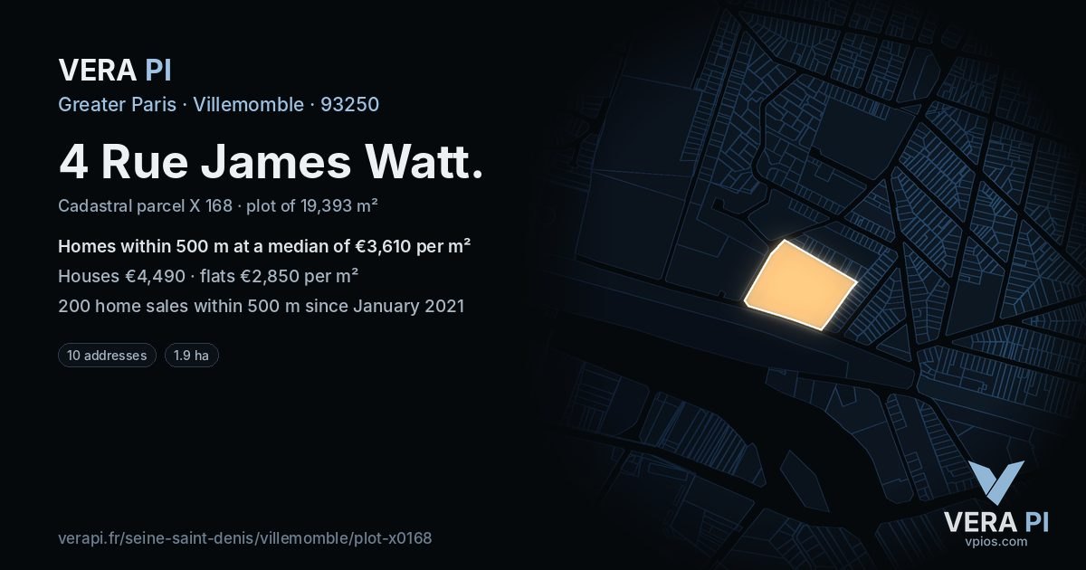 4 Rue James Watt, Villemomble at night – the plot lit, the parcels around coloured by the prices near them