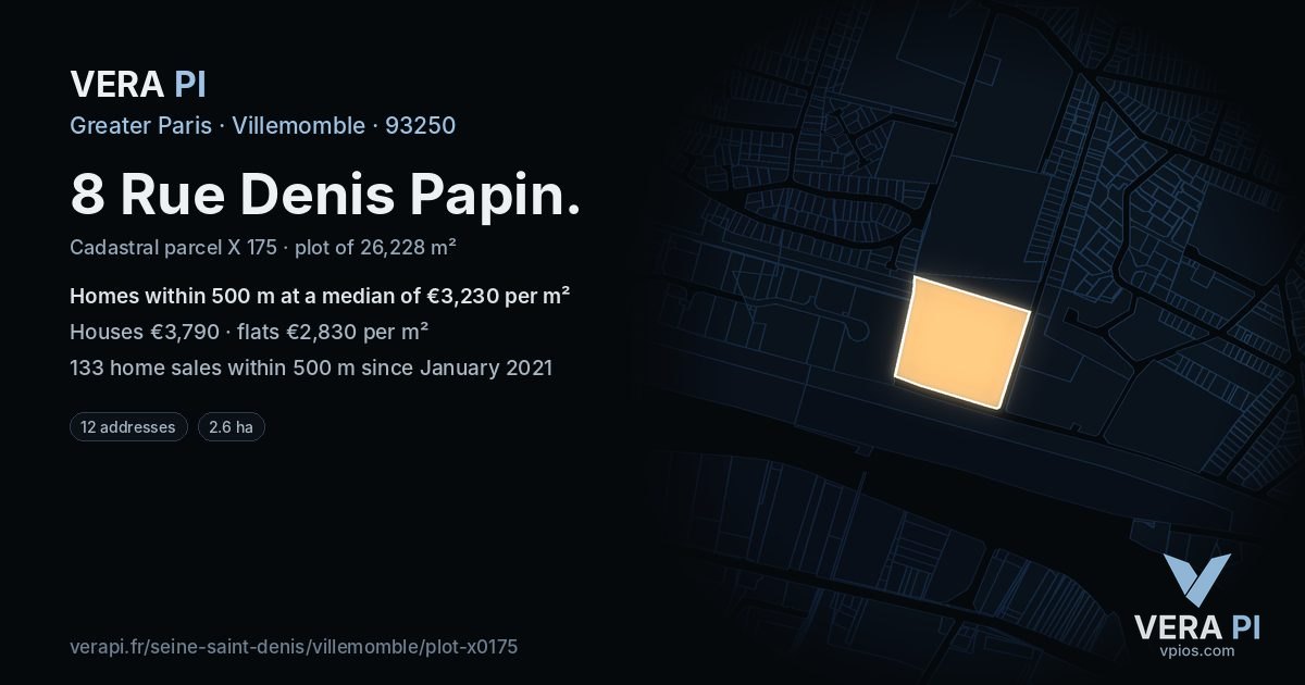 8 Rue Denis Papin, Villemomble at night – the plot lit, the parcels around coloured by the prices near them