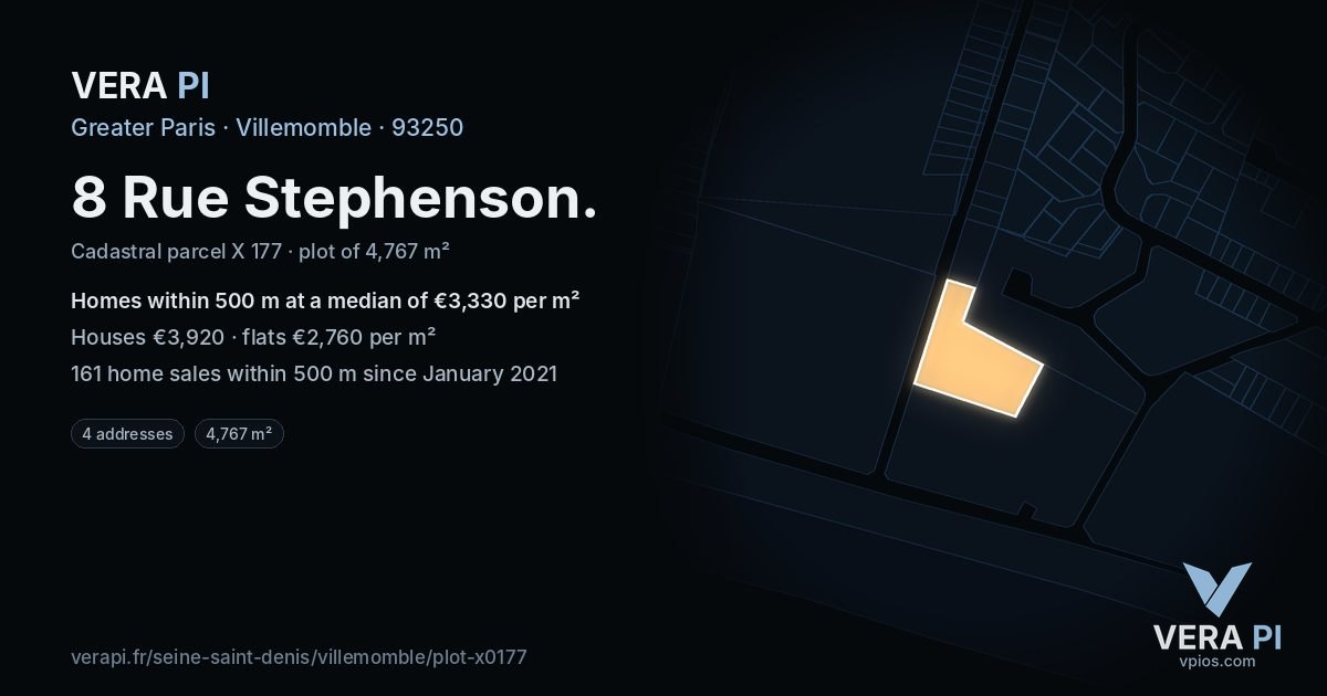 8 Rue Stephenson, Villemomble at night – the plot lit, the parcels around coloured by the prices near them