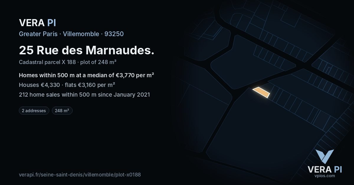 25 Rue des Marnaudes, Villemomble at night – the plot lit, the parcels around coloured by the prices near them