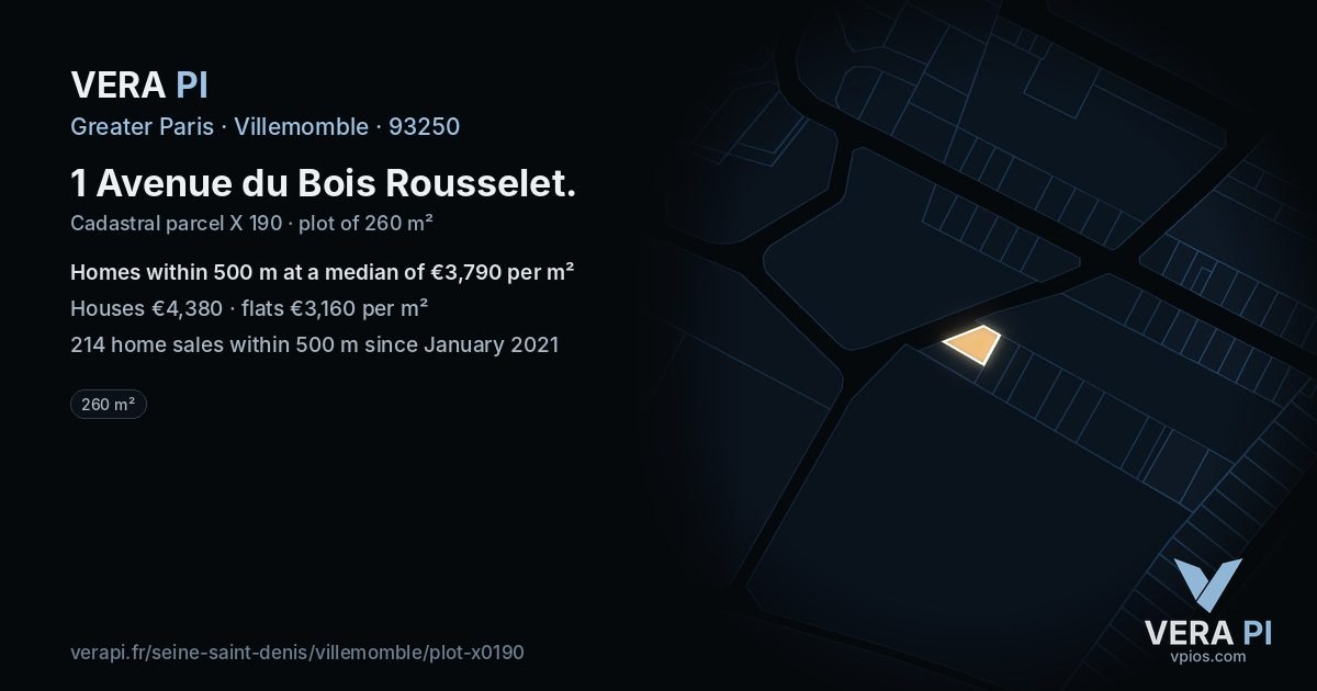 1 Avenue du Bois Rousselet, Villemomble at night – the plot lit, the parcels around coloured by the prices near them