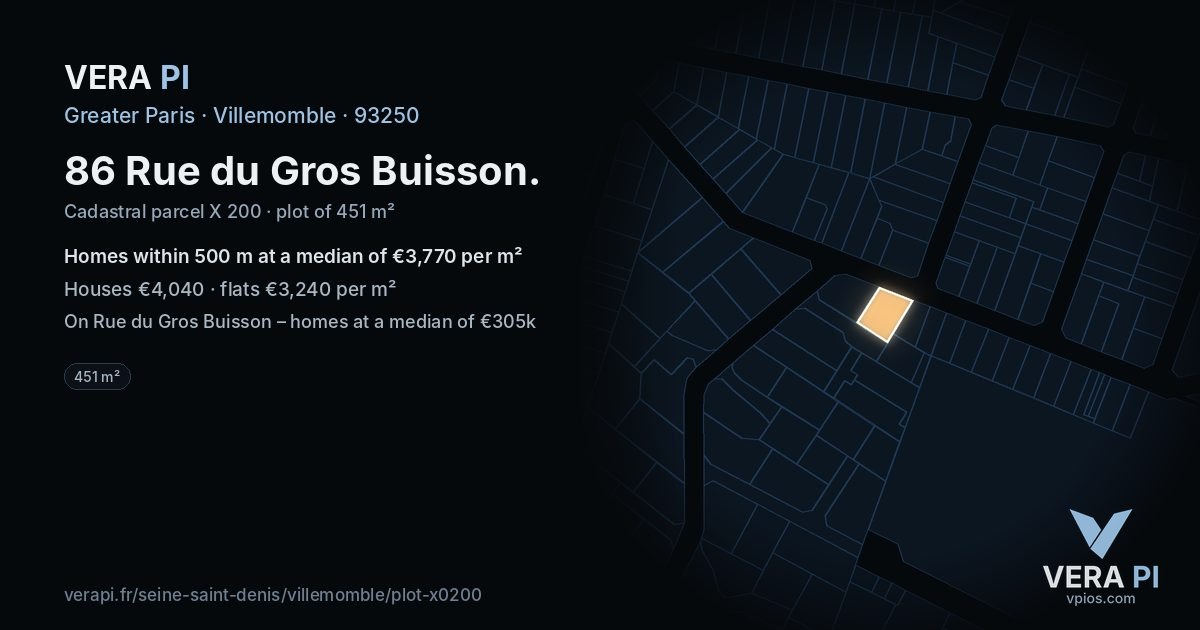 86 Rue du Gros Buisson, Villemomble at night – the plot lit, the parcels around coloured by the prices near them