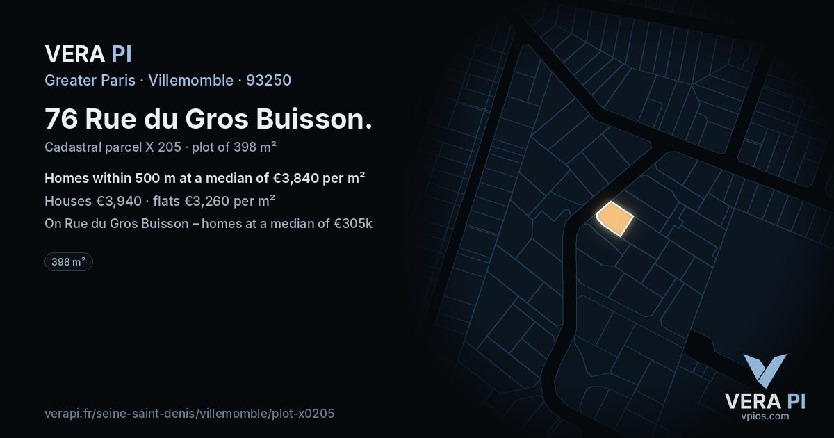 76 Rue du Gros Buisson, Villemomble at night – the plot lit, the parcels around coloured by the prices near them