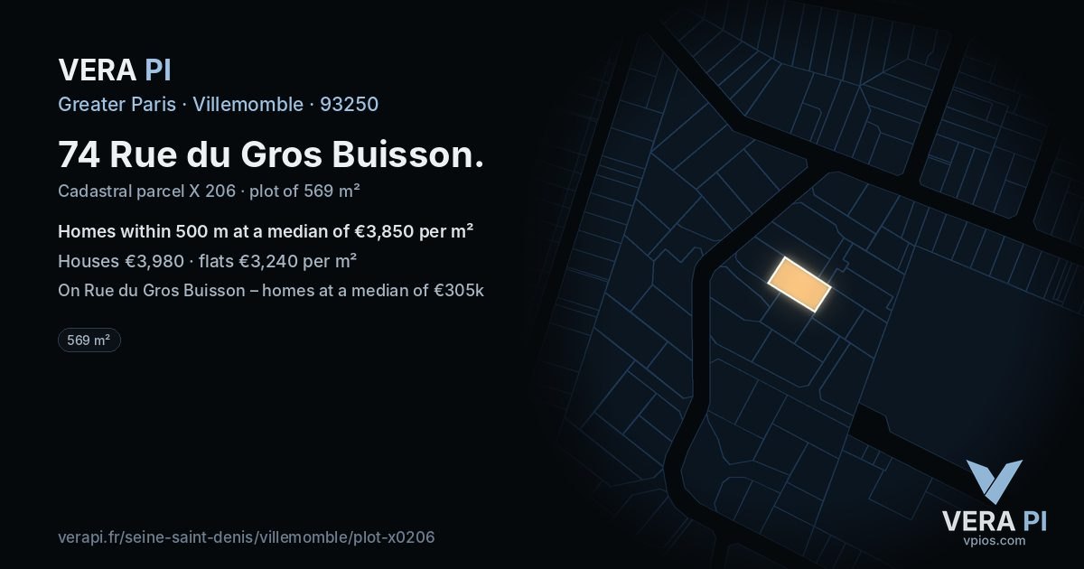 74 Rue du Gros Buisson, Villemomble at night – the plot lit, the parcels around coloured by the prices near them