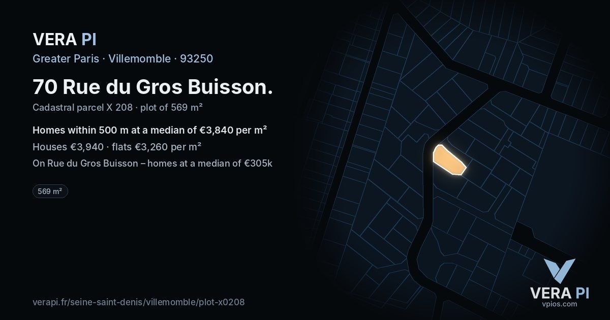 70 Rue du Gros Buisson, Villemomble at night – the plot lit, the parcels around coloured by the prices near them