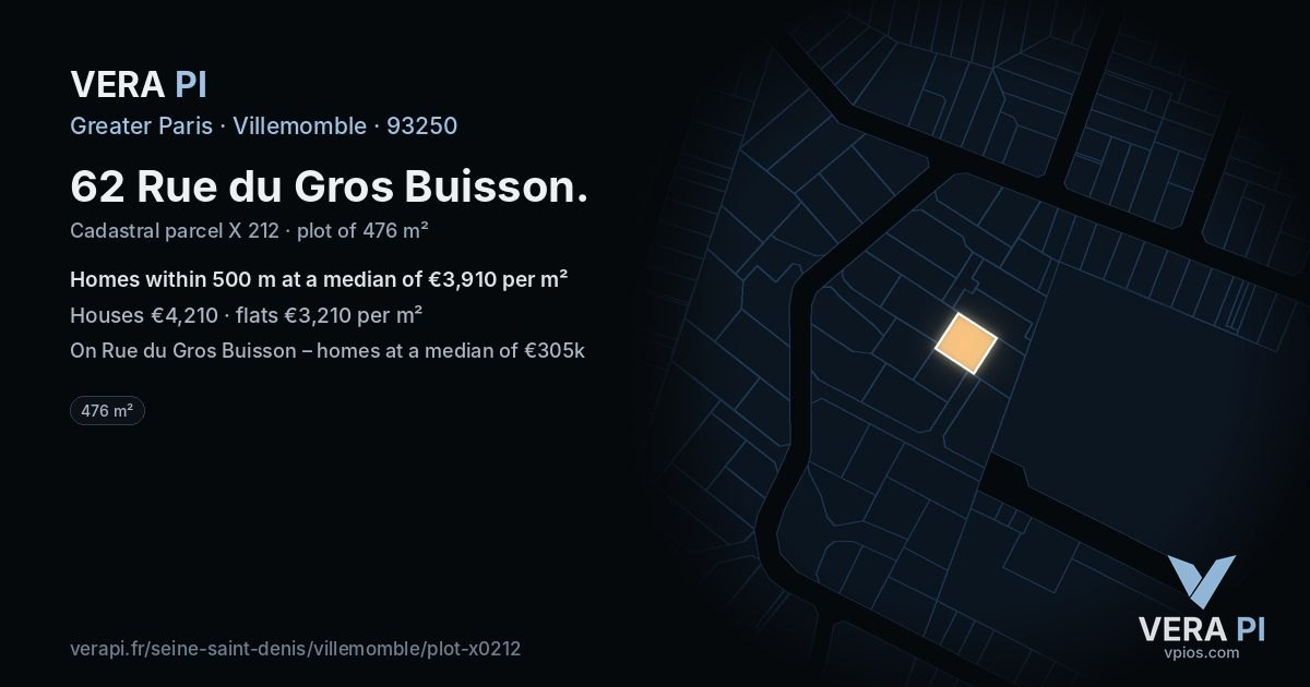 62 Rue du Gros Buisson, Villemomble at night – the plot lit, the parcels around coloured by the prices near them