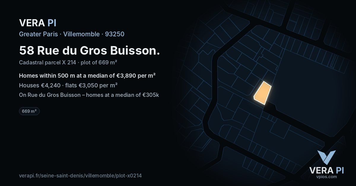 58 Rue du Gros Buisson, Villemomble at night – the plot lit, the parcels around coloured by the prices near them