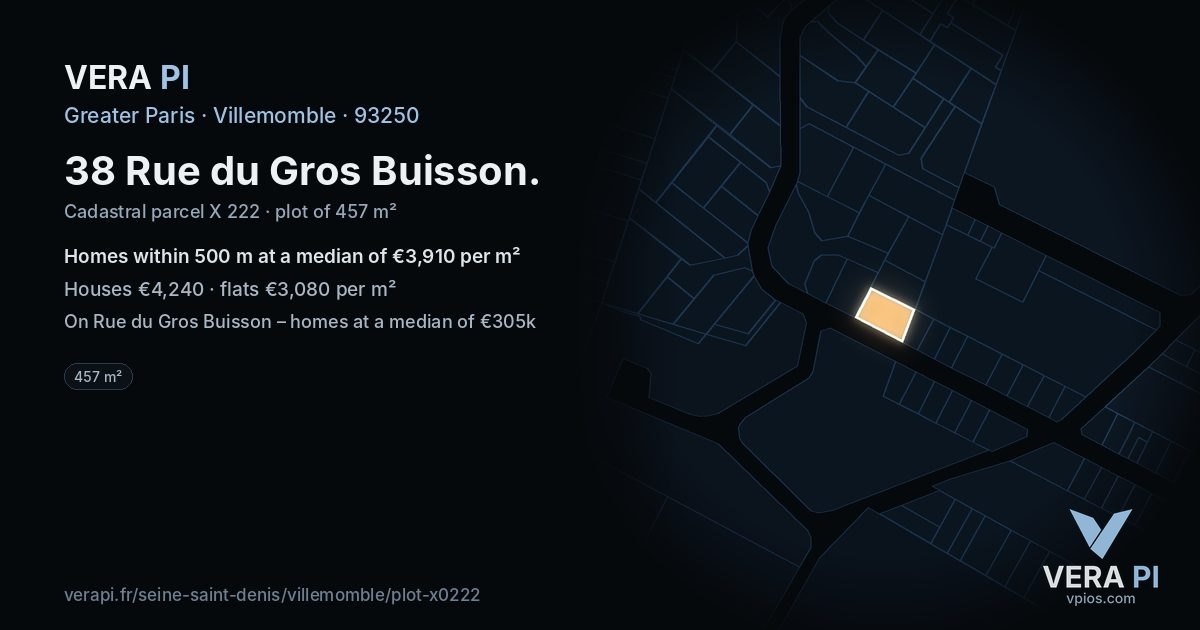 38 Rue du Gros Buisson, Villemomble at night – the plot lit, the parcels around coloured by the prices near them