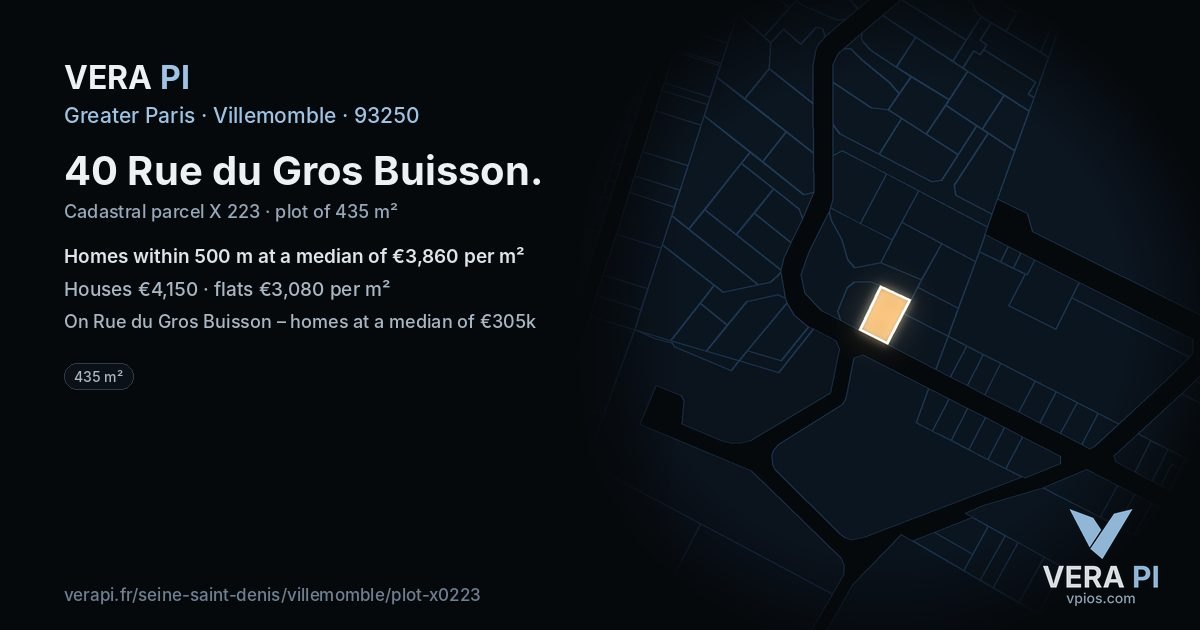 40 Rue du Gros Buisson, Villemomble at night – the plot lit, the parcels around coloured by the prices near them