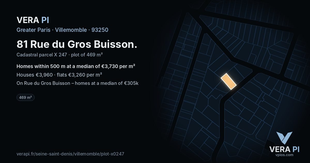 81 Rue du Gros Buisson, Villemomble at night – the plot lit, the parcels around coloured by the prices near them