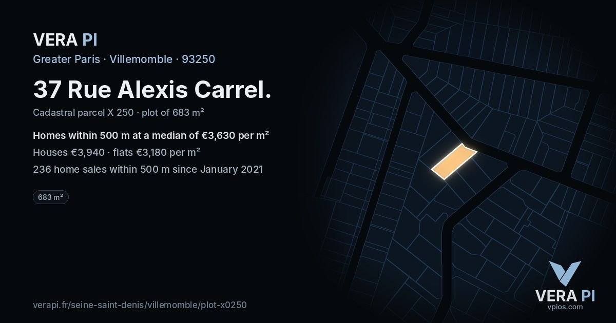 37 Rue Alexis Carrel, Villemomble at night – the plot lit, the parcels around coloured by the prices near them