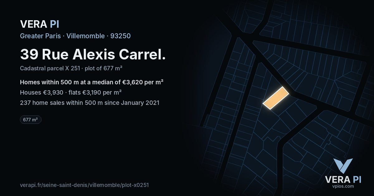 39 Rue Alexis Carrel, Villemomble at night – the plot lit, the parcels around coloured by the prices near them