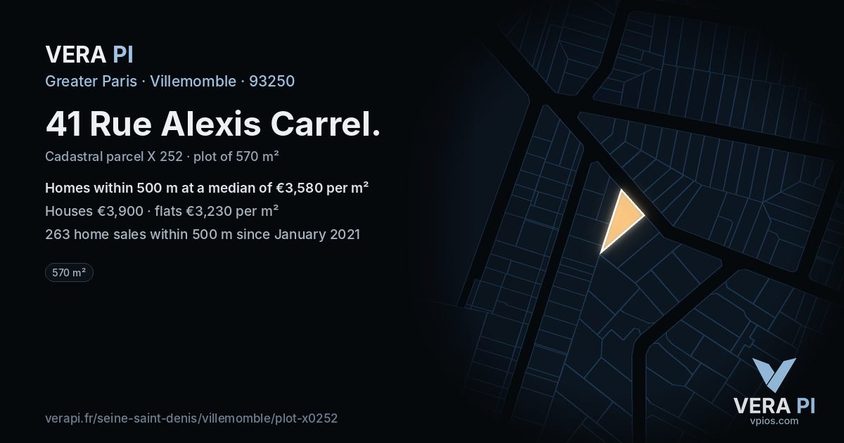 41 Rue Alexis Carrel, Villemomble at night – the plot lit, the parcels around coloured by the prices near them