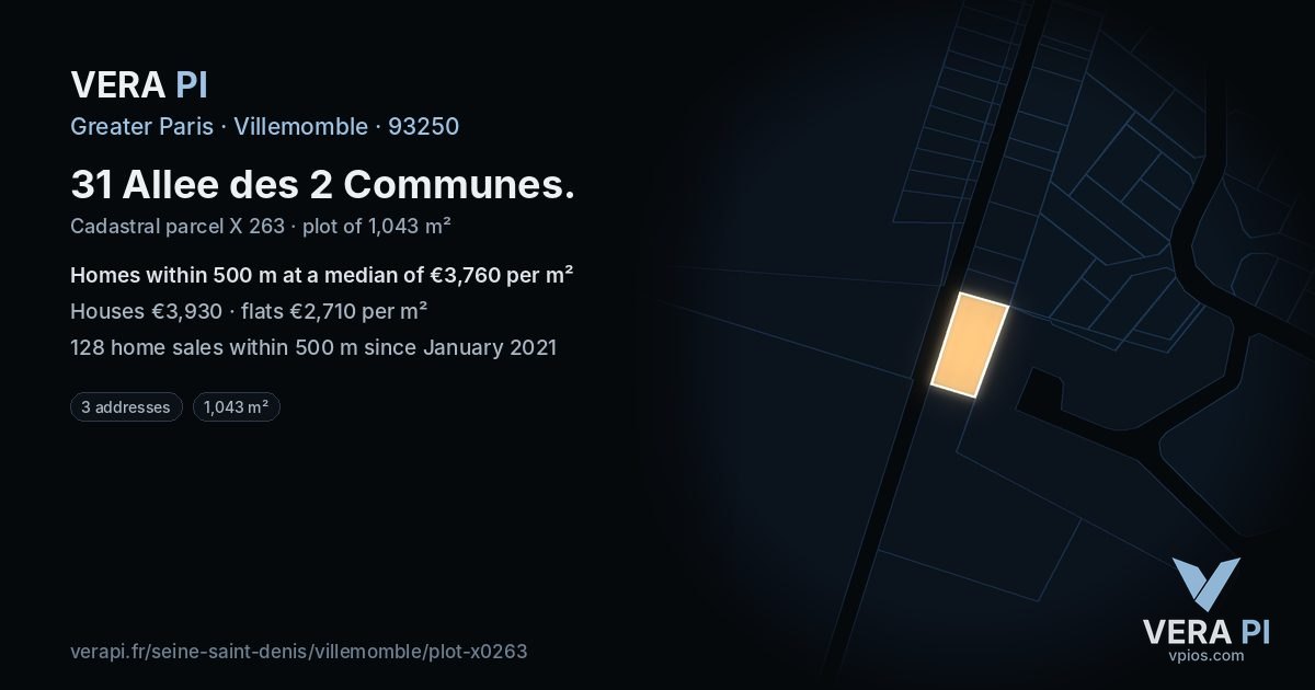 31 Allee des 2 Communes, Villemomble at night – the plot lit, the parcels around coloured by the prices near them