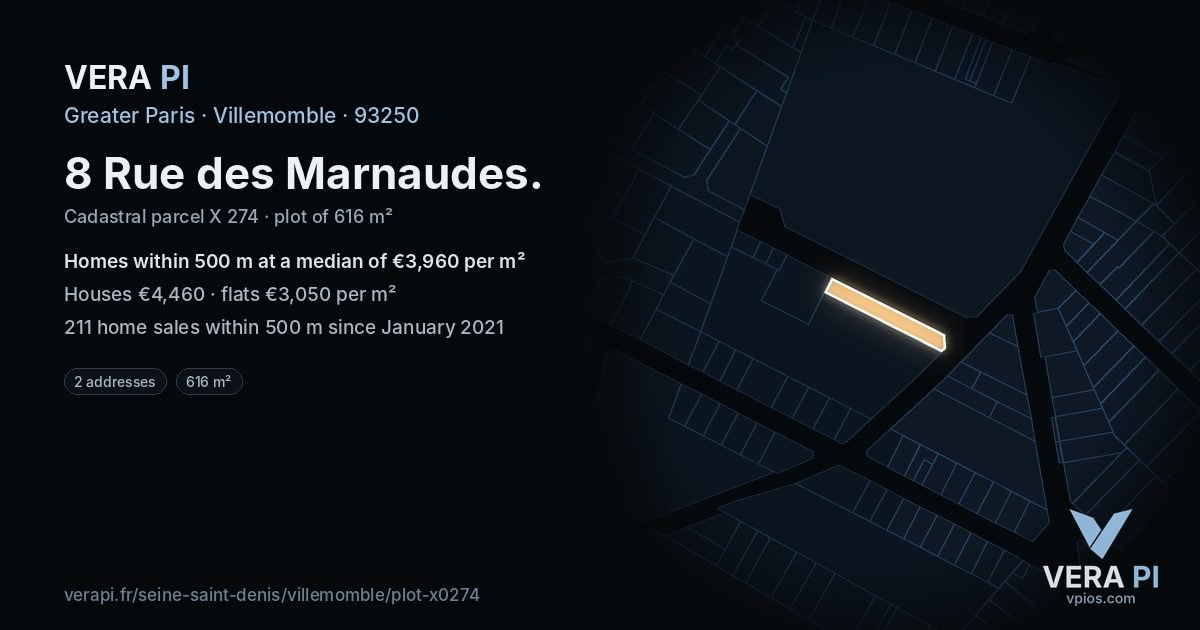 8 Rue des Marnaudes, Villemomble at night – the plot lit, the parcels around coloured by the prices near them
