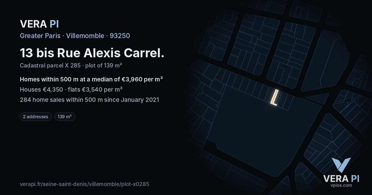 13 bis Rue Alexis Carrel, Villemomble at night – the plot lit, the parcels around coloured by the prices near them