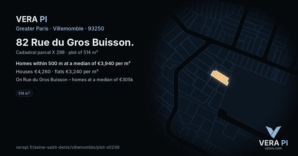 82 Rue du Gros Buisson, Villemomble at night – the plot lit, the parcels around coloured by the prices near them