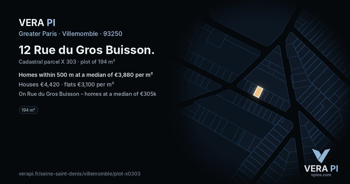 12 Rue du Gros Buisson, Villemomble at night – the plot lit, the parcels around coloured by the prices near them