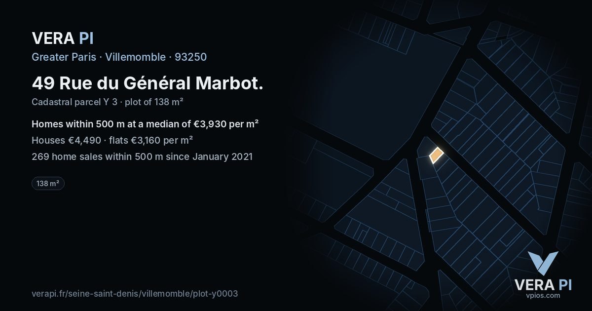 49 Rue du Général Marbot, Villemomble at night – the plot lit, the parcels around coloured by the prices near them