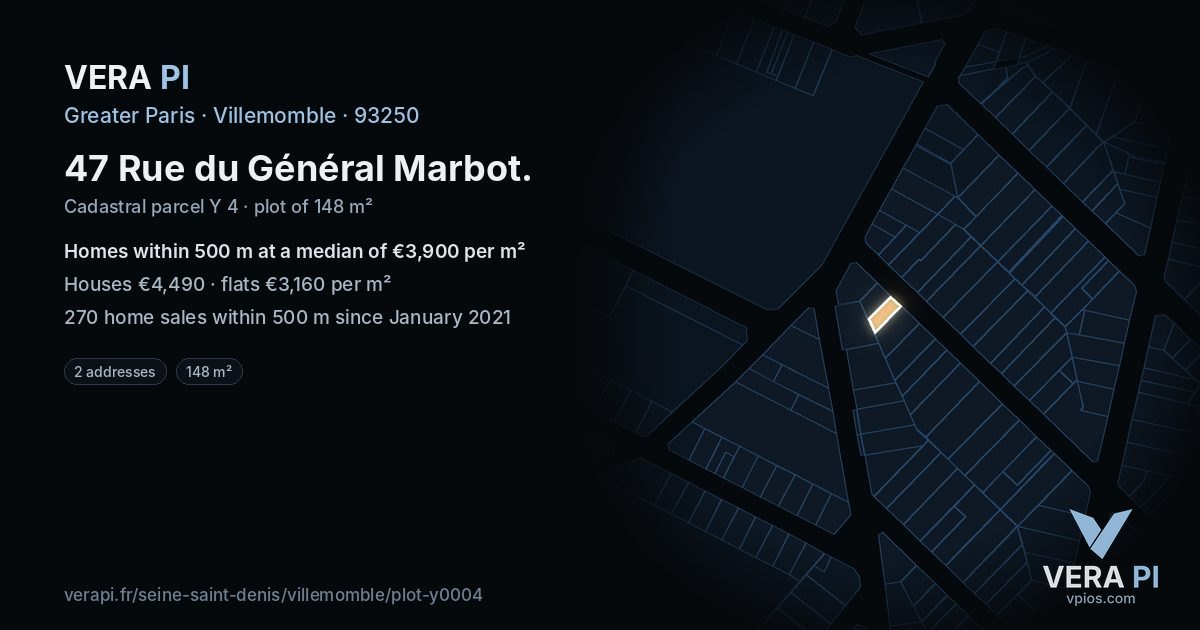 47 Rue du Général Marbot, Villemomble at night – the plot lit, the parcels around coloured by the prices near them