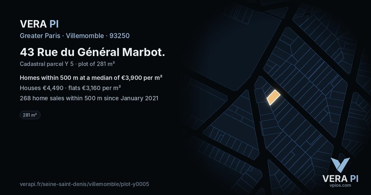 43 Rue du Général Marbot, Villemomble at night – the plot lit, the parcels around coloured by the prices near them