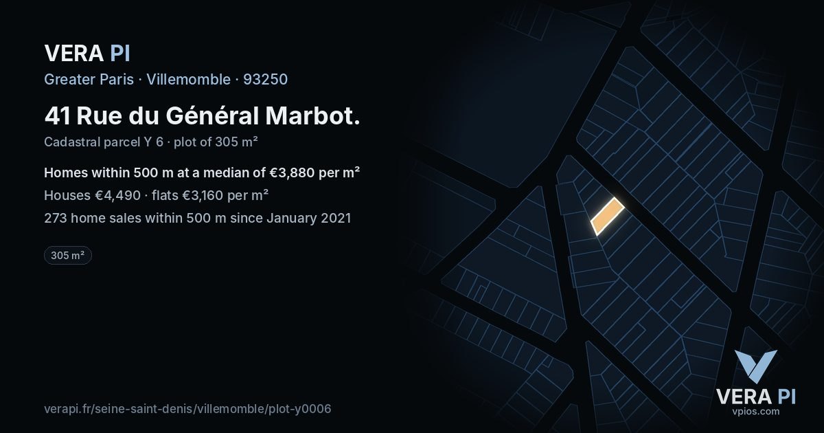 41 Rue du Général Marbot, Villemomble at night – the plot lit, the parcels around coloured by the prices near them