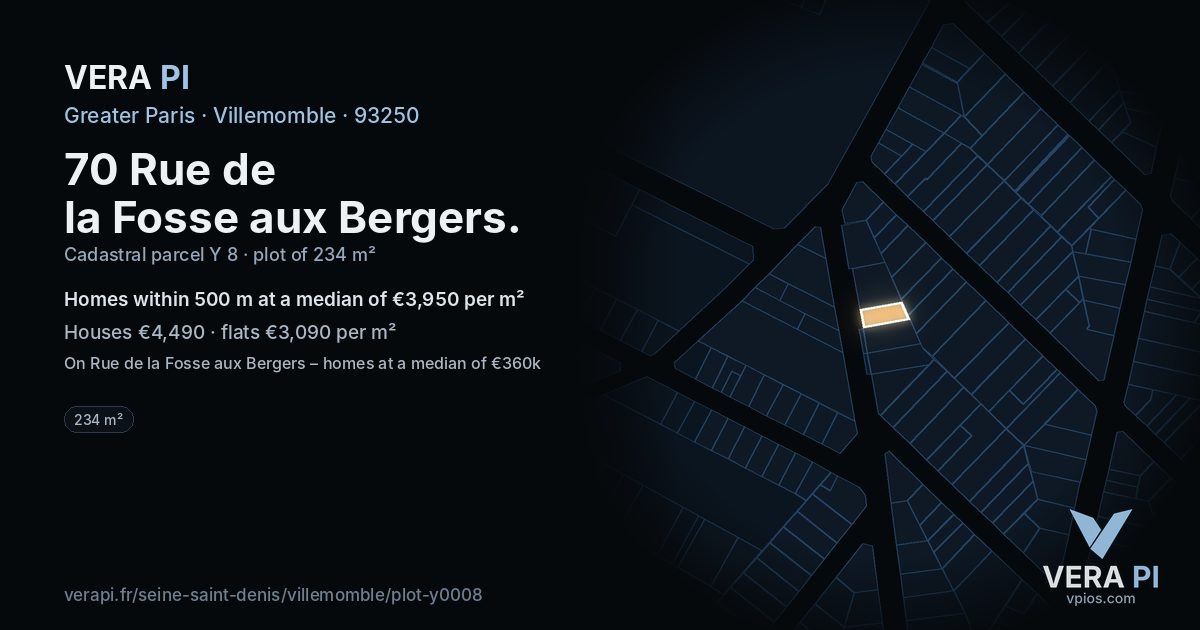 70 Rue de la Fosse aux Bergers, Villemomble at night – the plot lit, the parcels around coloured by the prices near them