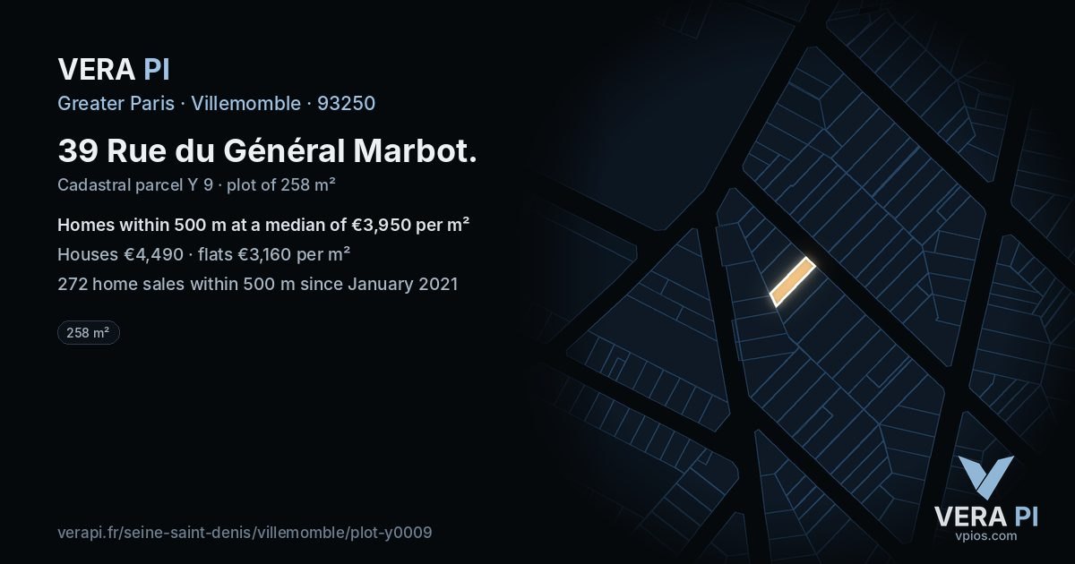 39 Rue du Général Marbot, Villemomble at night – the plot lit, the parcels around coloured by the prices near them