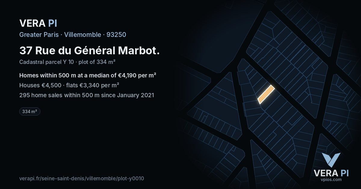 37 Rue du Général Marbot, Villemomble at night – the plot lit, the parcels around coloured by the prices near them