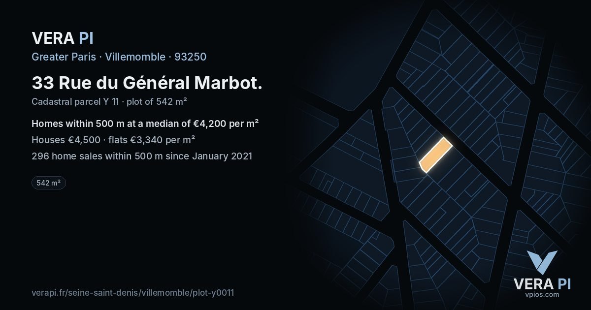 33 Rue du Général Marbot, Villemomble at night – the plot lit, the parcels around coloured by the prices near them