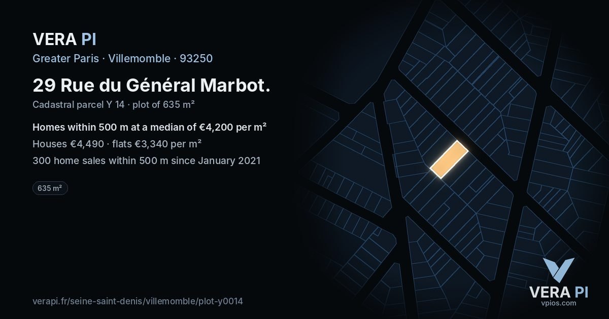 29 Rue du Général Marbot, Villemomble at night – the plot lit, the parcels around coloured by the prices near them