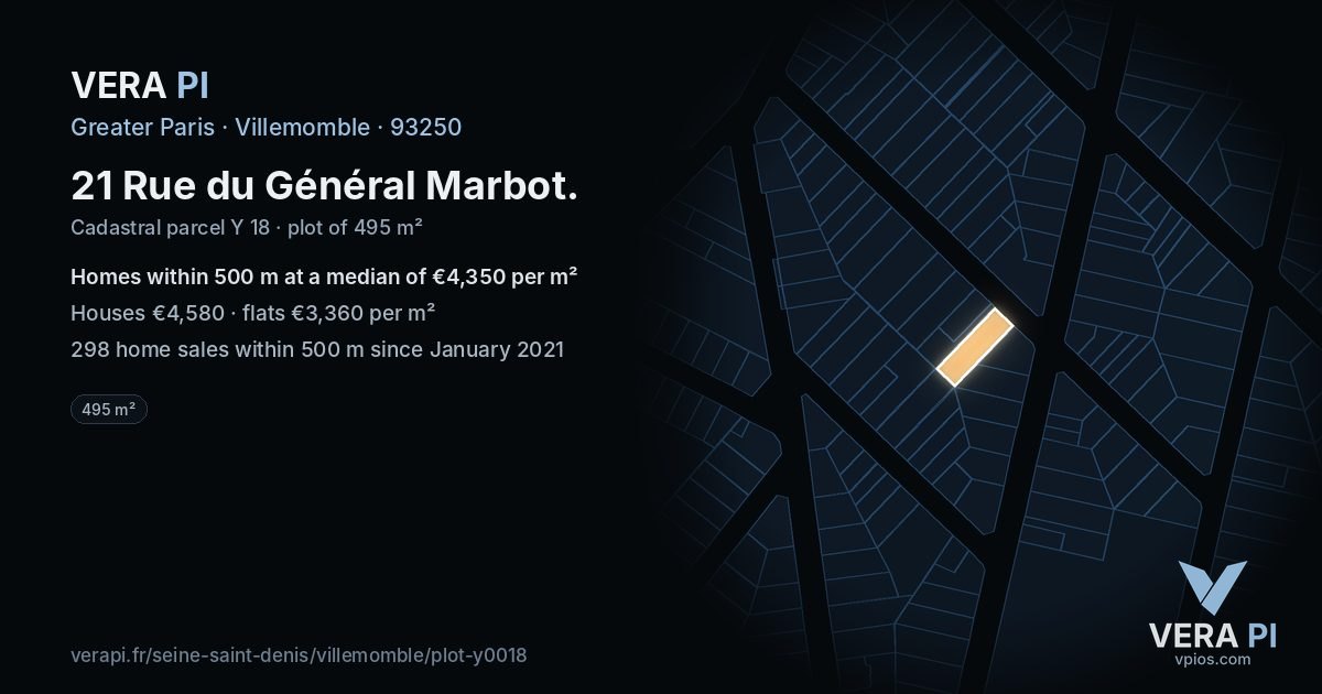 21 Rue du Général Marbot, Villemomble at night – the plot lit, the parcels around coloured by the prices near them