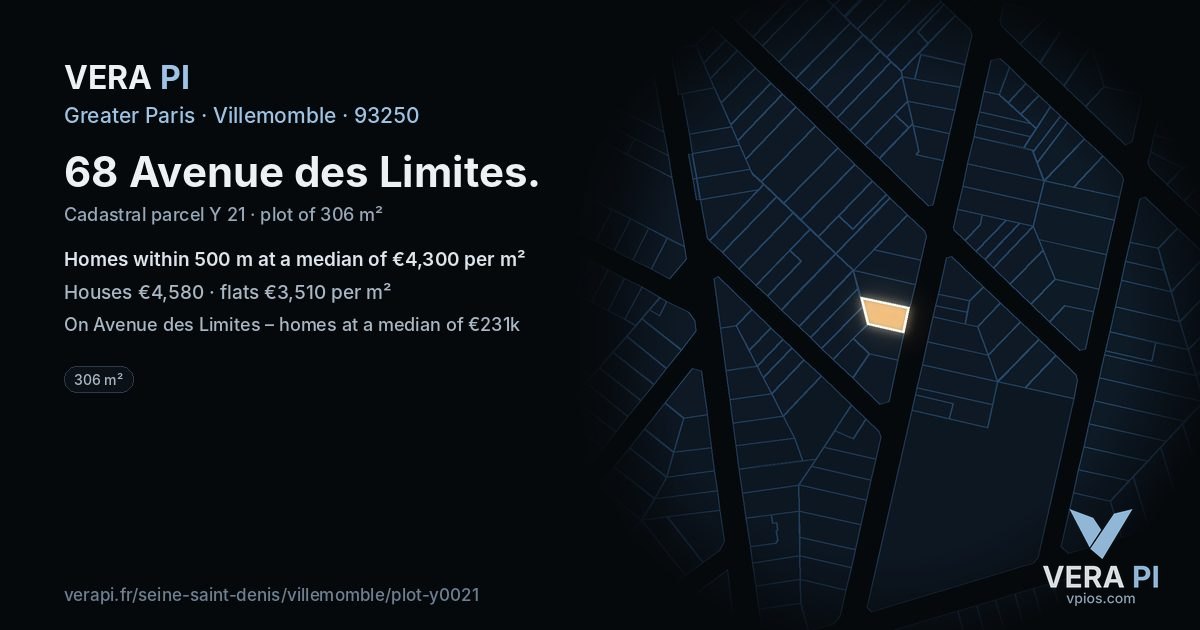 68 Avenue des Limites, Villemomble at night – the plot lit, the parcels around coloured by the prices near them