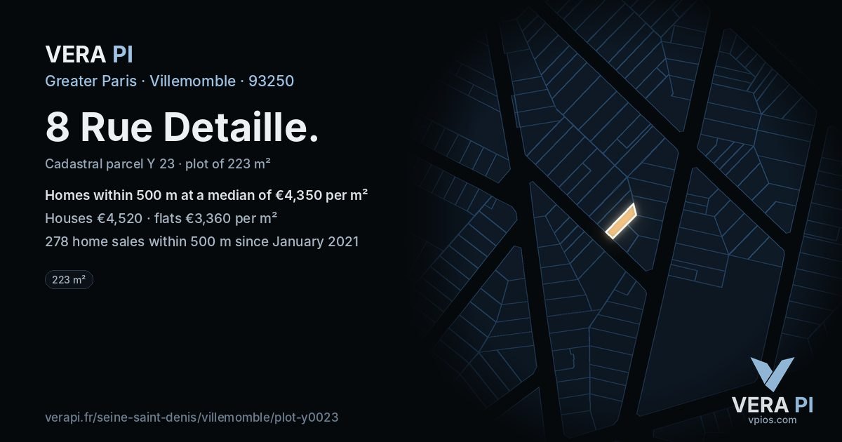 8 Rue Detaille, Villemomble at night – the plot lit, the parcels around coloured by the prices near them