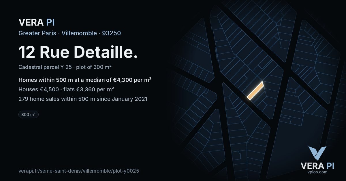 12 Rue Detaille, Villemomble at night – the plot lit, the parcels around coloured by the prices near them