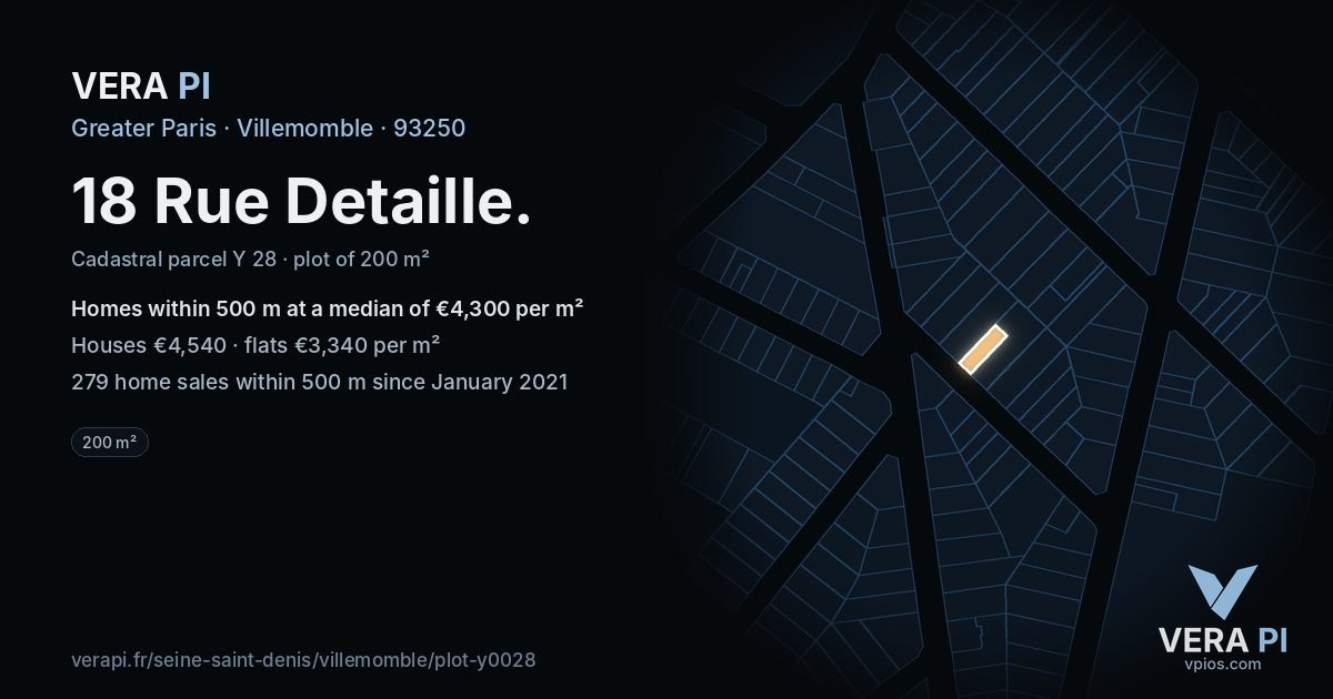 18 Rue Detaille, Villemomble at night – the plot lit, the parcels around coloured by the prices near them