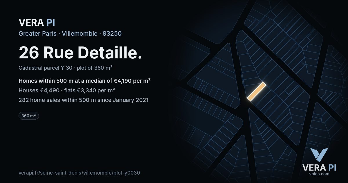26 Rue Detaille, Villemomble at night – the plot lit, the parcels around coloured by the prices near them
