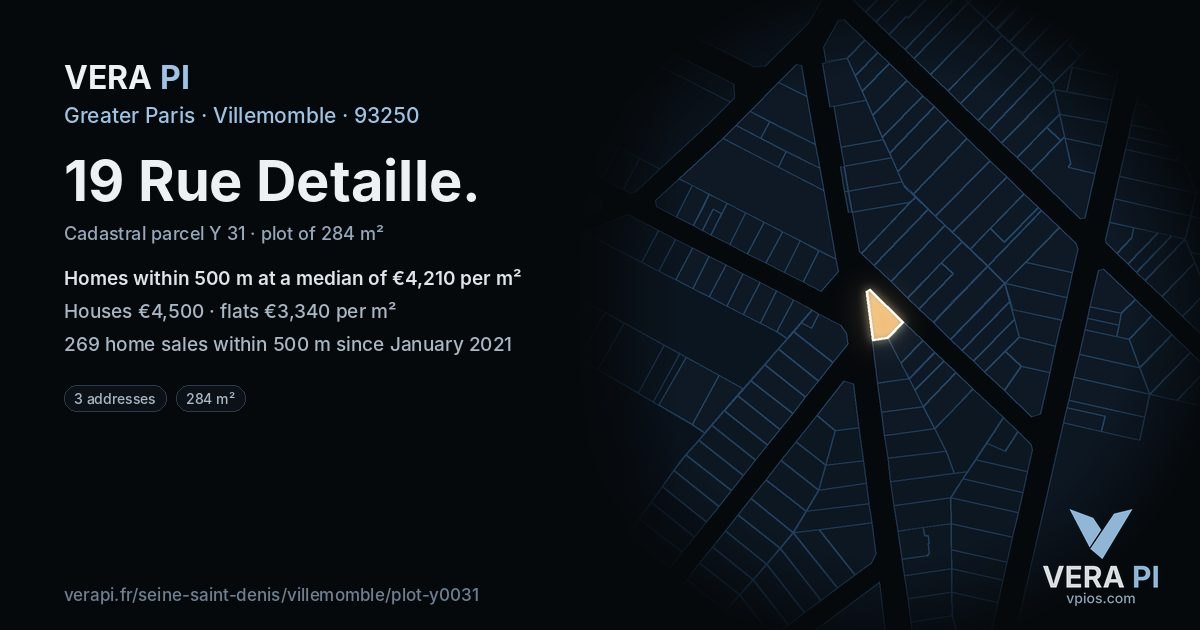 19 Rue Detaille, Villemomble at night – the plot lit, the parcels around coloured by the prices near them
