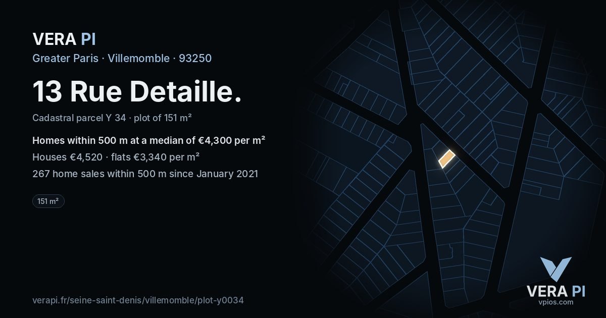 13 Rue Detaille, Villemomble at night – the plot lit, the parcels around coloured by the prices near them