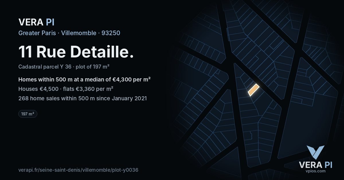 11 Rue Detaille, Villemomble at night – the plot lit, the parcels around coloured by the prices near them