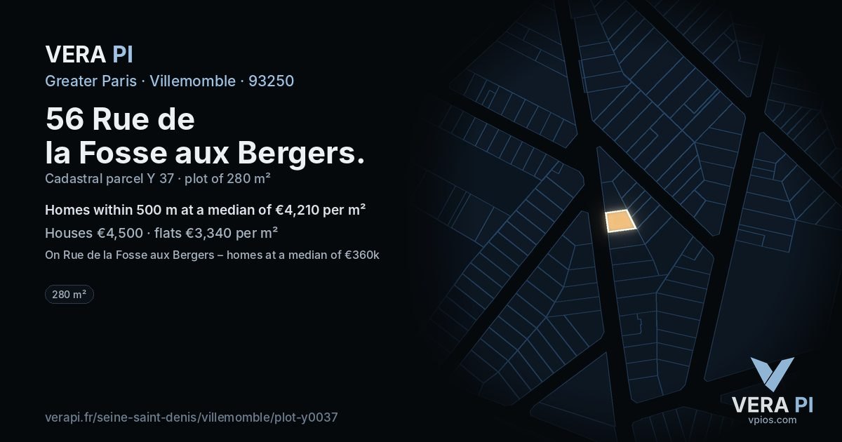 56 Rue de la Fosse aux Bergers, Villemomble at night – the plot lit, the parcels around coloured by the prices near them